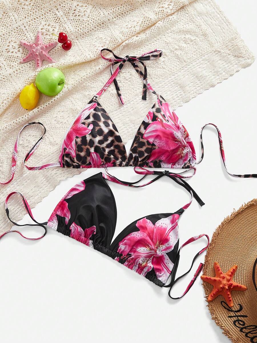 SHEIN Swim Curve 1pc Plus Size Women Flower Print Halter Bikini Top, 2pcs Set For Summer Beach Vacation - Multicolor - View 1