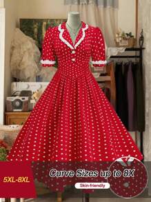 SHEIN CURVE+ Polka Dot Print Minimalist Retro Dress, Fashionable For Summer , Christmas - Red - View 1