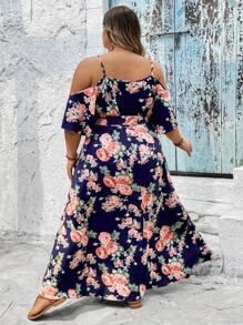 SHEIN CURVE+ Plus Size Romantic Floral Print Wrap Collar Summer Boho Dress, Curve Plus, Boho Vacation Beach Outfits For Woman/Beach Dress/Beach Vacation Outfits/Beach Essentials / Graduation/Tea Party Dress