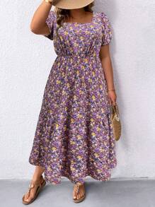 SHEIN LUNE Plus Size Women's Floral Print Square Neckline Summer Dress With Cinched Waist Maxi Women Outfit