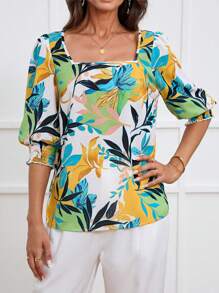 Miaspire Women's Floral Print Square Neck Puff Sleeve Midi Blouse, For Spring/Summer Holiday - Multicolor - View 3