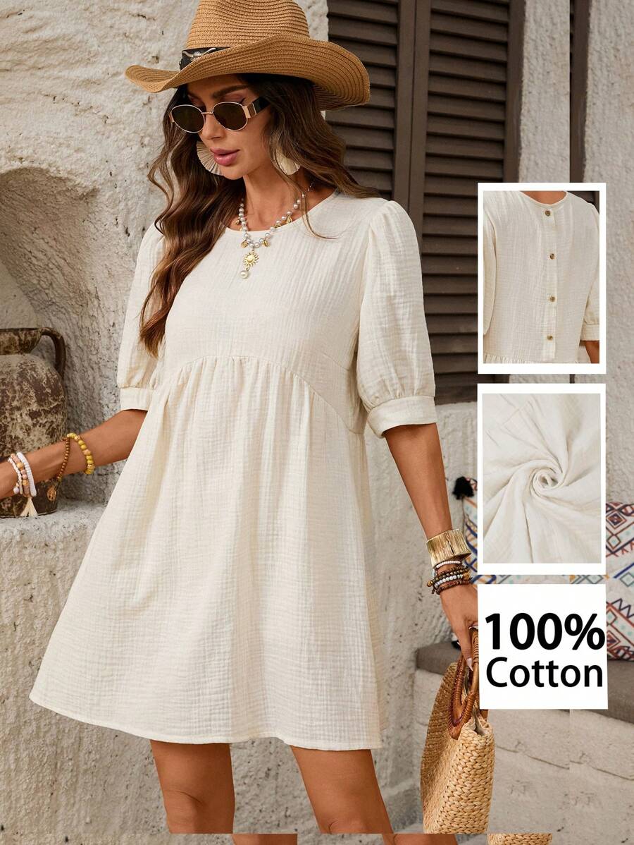 SHEIN LUNE 100% Cotton Apricot Doll Mini Dress, Cute & Casual For Summer Cotton Dresses For Women Modest Dresses For Women Summer Dress Casual Dress Going Out Dress Fairy Dress