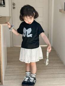 SHEIN Young Girls Casual Bow Front Short Sleeve T-Shirt And Skirt 2-Piece Set - Black and White - View 1