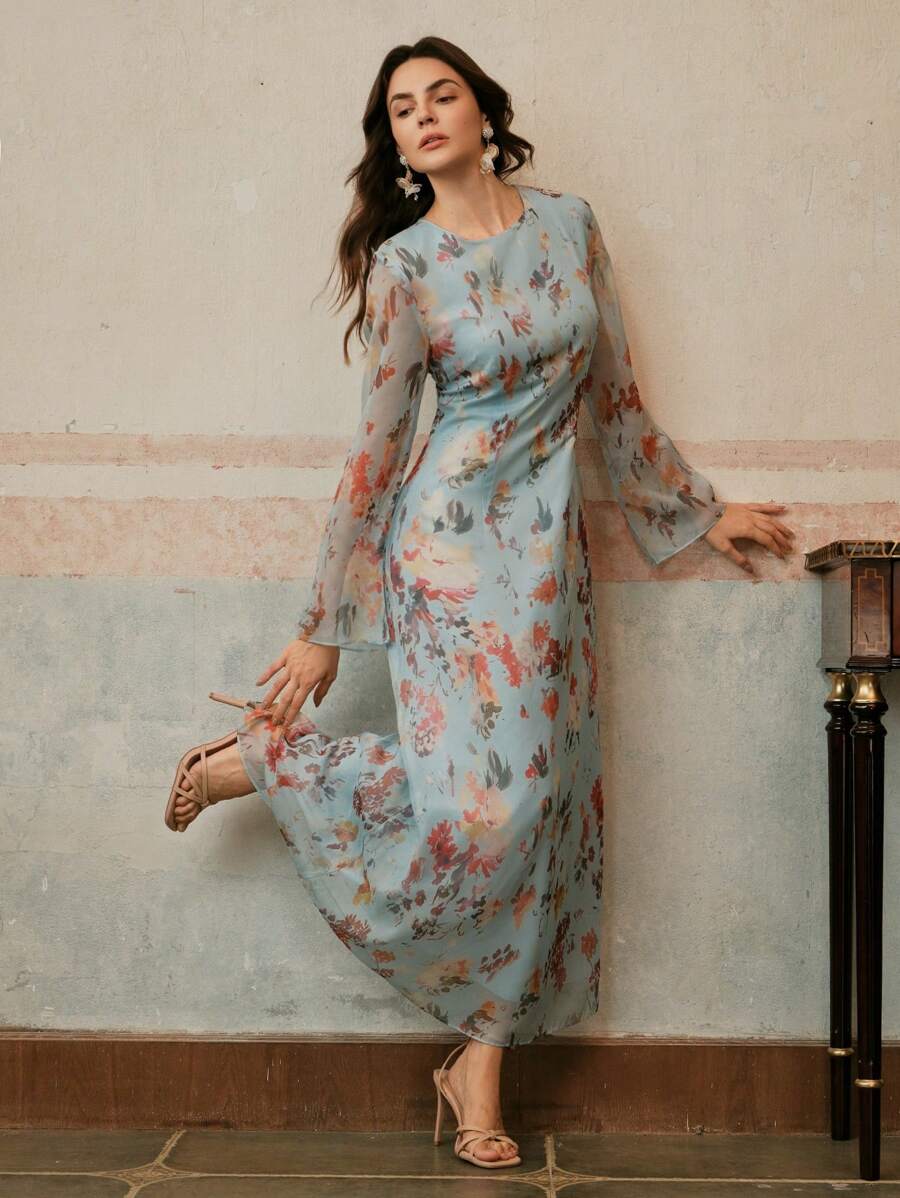 Anewsta Đầm dài tay họa tiết hoa thanh lịch cho nữ phong cách nghỉ dưỡng, thời trang - Màu xanh lam - Xem 1