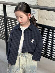 Dazy Kids 年轻女孩格子印花卡通刺绣休闲长袖衬衫，秋装 - 藍色 - 查看 7