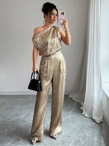 INAWLY 女式闪亮材质不对称领口连体裤 - 金色 - 查看 1