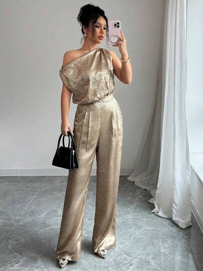 INAWLY 女式闪亮材质不对称领口连体裤