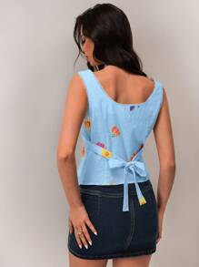 SHEIN Forever 21 Áo thun nữ mùa xuân mới cổ vuông cắt thấp không tay viền ren gợi cảm thường ngày đi nghỉ - Màu xanh lam - Xem 2