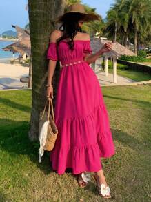 DAZY Vestido de mujer con hombros descubiertos, cintura fruncida y manga corta en línea A, ropa de vuelta al colegio y atuendos de vacaciones para mujeres - Rosa - Ver 6
