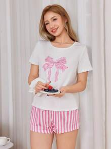 Dream Adore Sweet Striped & Bow Pattern Short Sleeve Women Pajama Set - Pink - View 4