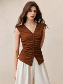 BizChic 女式秋季 V 领褶皱针织罗纹立领上衣，百搭，适合城市通勤、商务、休闲、圣诞节、万圣节派对、婚礼宾客服装 - 咖啡棕 - 查看 7