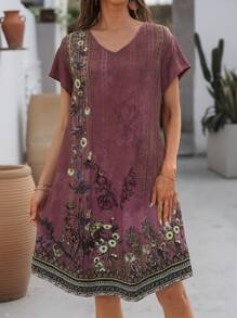 EMERY ROSE Women's Summer Short-Sleeved Dress With Geometric Pattern Print - Hot Pink - View 5