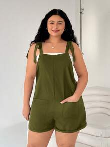 SHEIN EZwear 大码休闲百搭黑色吊带连体衣，春夏装 - 軍綠色 - 查看 1