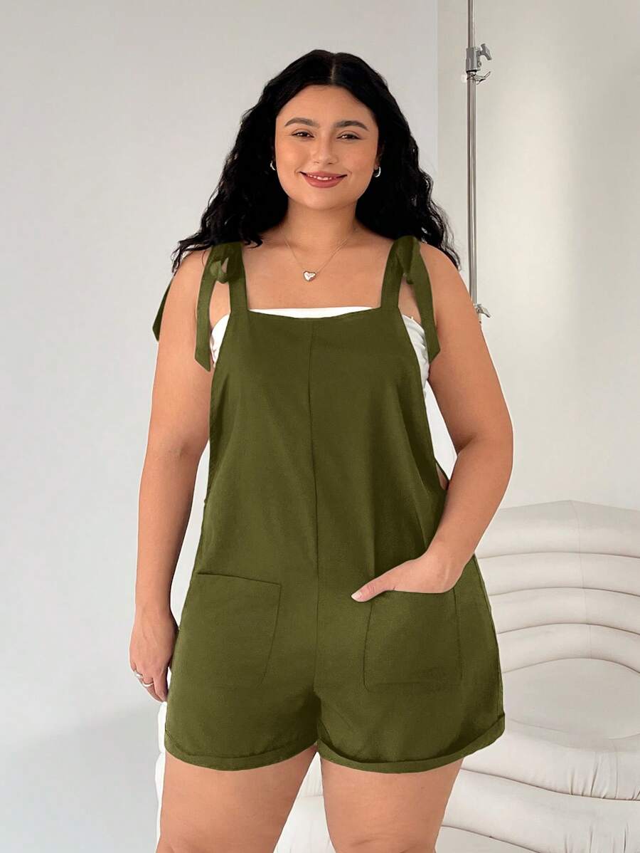SHEIN EZwear 大码休闲百搭黑色吊带连体衣,春夏装 - 軍綠色 - 查看 1