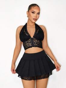Zolique Women's Fashionable Contrast Lace Pleated Mini Skirt, Summer - Black - View 5