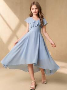 SHEIN 女童夏季简约荷叶边飘逸连衣裙