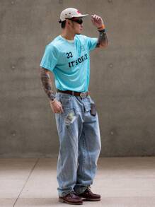 DAZY Men's Summer Letter Print Blue Sports Style T-Shirt