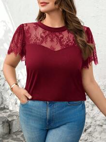SHEIN Clasi Plus Size Women Lace Patchwork Short Sleeve Top - Burgundy - View 6