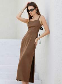 Aveloria Modichic New Elegant French Style Women's Charming High-End Sense Simple Loose Fit Square Neck Cinched Cinched Waist Backbow Tie-Up Satin Slip Long Dress