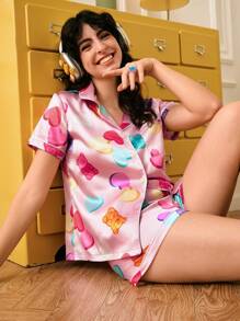 彩色心形小熊软糖印花女士睡衣套装 - 彩色 - 查看 5