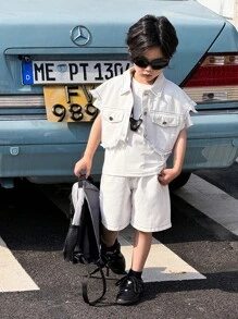 SHEIN 3 件套幼儿男童时尚白色干净短袖牛仔破洞夹克搭配舒适白色短裤，春夏季 - 白色 - 查看 1