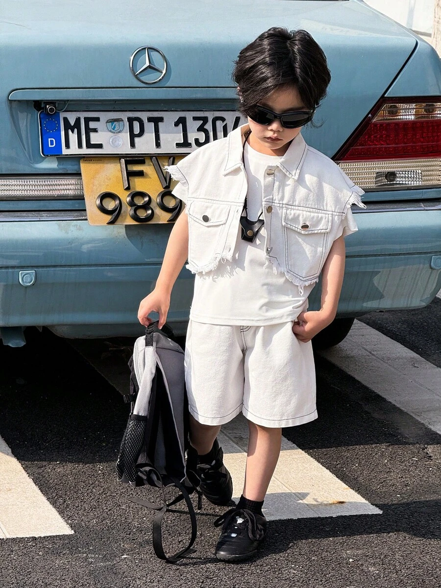 SHEIN 3 件套幼儿男童时尚白色干净短袖牛仔破洞夹克搭配舒适白色短裤,春夏季 - 白色 - 查看 1