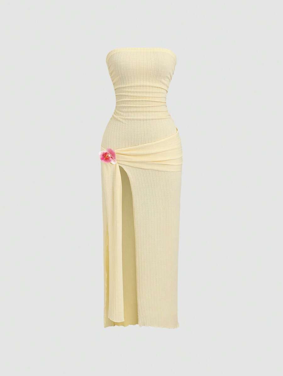 Sweetra Ruched High Slit Bandeau Bodycon Dress, Elegant - Yellow - View 1