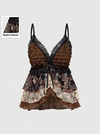 J-Fashion Millennium Hippie Retro Plüsch Blumenmuster gerüschter asymmetrischer Saum Mehrschicht Damen Trägershirt