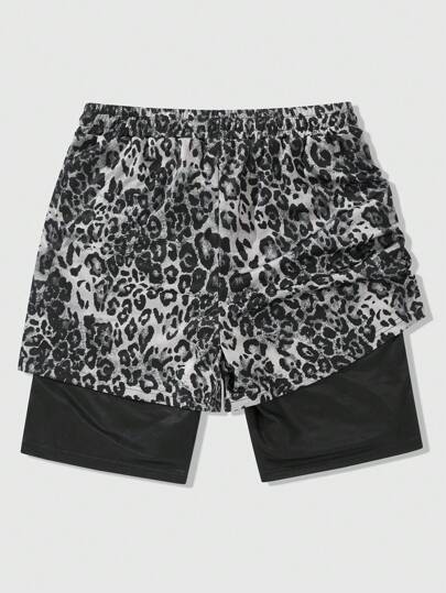 Anime Men's Gothic Skull & Anime Character Printed Animal Leopard Patterned Casual Shorts, Suitable For Daily Wear, Spring And Summer, Halloween