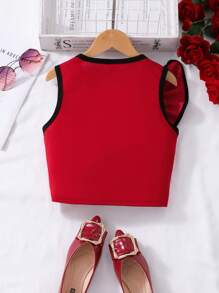 Sleeveless Asymmetrical Pearl Trim Ruffle Hem Tank Top For Tween Girls, Summer Cute Tops For Girls Tops For Girls Kids,For Holiday,Travel,Summer - Red - View 2