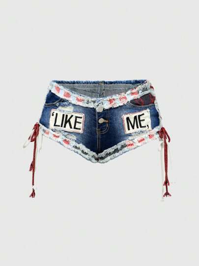 ROMWE Avant Y2K Subculture Millennium Festival Low-Rise Denim Shorts With Side Straps, English Slogan And Flag Print For Women