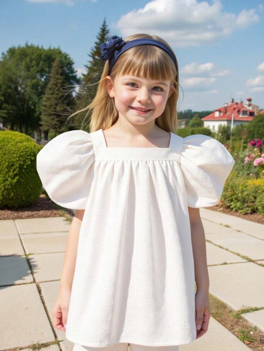 SHEIN Kleine Mädchen Süßes und niedliches 2-teiliges Set aus A-Linien-Oberteil und Shorts mit quadratischem Ausschnitt und Puffärmeln, besticktem Stoff, geeignet für den Sommer und für draußen, Cut Out