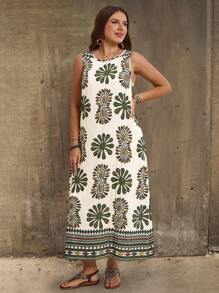 EMERY ROSE Abito da donna con stampa floreale, senza maniche, a collo tondo, per vacanze in campagna, taglie comode