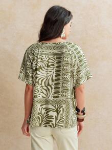 Écloséra Blusa da donna vintage di stile francese con stampa floreale e laccetto in vita