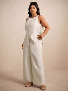 Elaquor Plus Size Casual Commuting Vest Shirt And Straight Leg Pants 2-Piece Set - Apricot - View 5