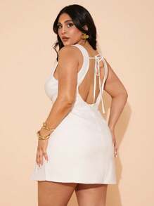 SHEIN BAE Vestido de verano elegante de talla grande para mujer, de unicolor, sin mangas, con abertura en la cintura y corte imperio, vestidos de cumpleaños para mujeres - Blanco - Ver 2