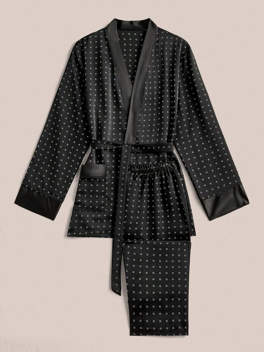 All-Over Print Men's Long Sleeve Loungewear Set, Fall Clothes - Black - View 1