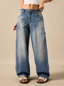 Easelle Jeans anchos de pierna ancha con bolsillos holgados para mujer, para uso diario casual - Azul - Ver 1