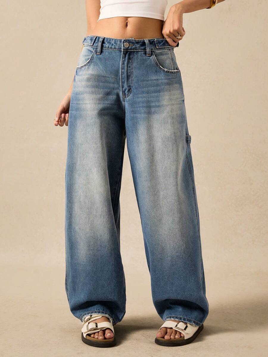 Easelle Jeans anchos de pierna ancha con bolsillos holgados para mujer, para uso diario casual - Azul - Ver 1