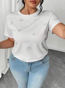 Elenzga Plus Size Women Short Sleeve T-Shirt With Rhinestone Bow Decor - White - View 7