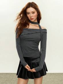 女款 American Chic 不对称肩长袖 T 恤 - 灰色 - 查看 5