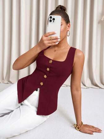 Lavishia Women's Square Neck Bow Button Decorative Vest, Fashionable For Summer
