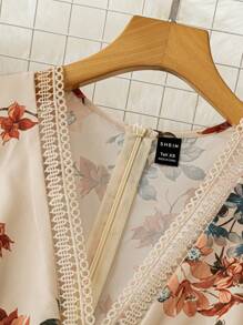 SHEIN Tall 女式夏季优雅花卉印花A字连衣裙 - 杏色 - 查看 4