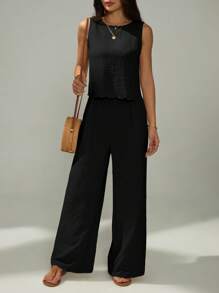 SHEIN PETITE طقم بقطعتين للنساء للارتداء اليومي - الأسود - مشاهدة 1