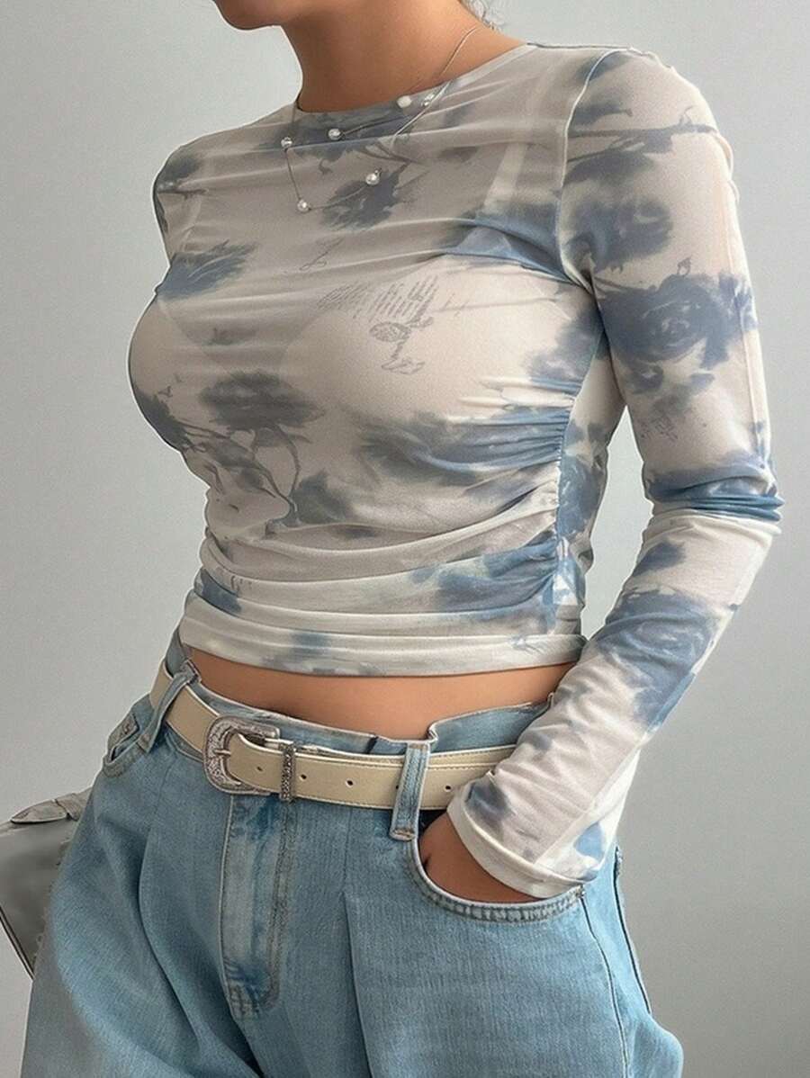 Dazy Plus Plus Size Tie-Dye Asymmetrical Pattern Round Neck Sheer Fitted Cropped Women's Top, Fall Clothes Long Sleeve Women Tops Graphic Tee - White - View 1