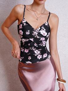 Lavishia Black Background Pink Floral Print Crisscross Waist Ruched Fitted Women Tank Top Summer Outfits For Women Spring Outfits For Women Country Outfits Women Summer Clothes Women Flower Top