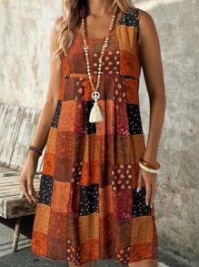 EMERY ROSE Vestido de mujer sin mangas de tejido con estampado de cuadros y paisley, ideal para vacaciones