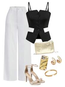 Ellevyn Women's Elegant Commuter Adjustable Strap Fitted A-Line Hem Slit Colorblock Camisole Tank TopSummer Mother's Day Graduation Church Brunch