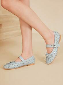MOTF PREMIUM FASHIONABLE VINTAGE PUNK COMFORTABLE CASUAL STUDDED BOW DECOR MARY JANE ROUND TOE FLAT SHOES - Baby Blue - View 8