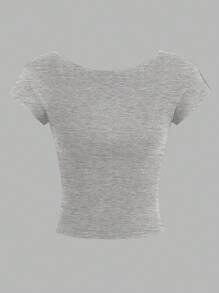 SHEIN Essnce 4 piezas de camisetas de mujer de cuello redondo, ajustadas, con espalda calada, de estilo casual y liso, versátiles para el verano